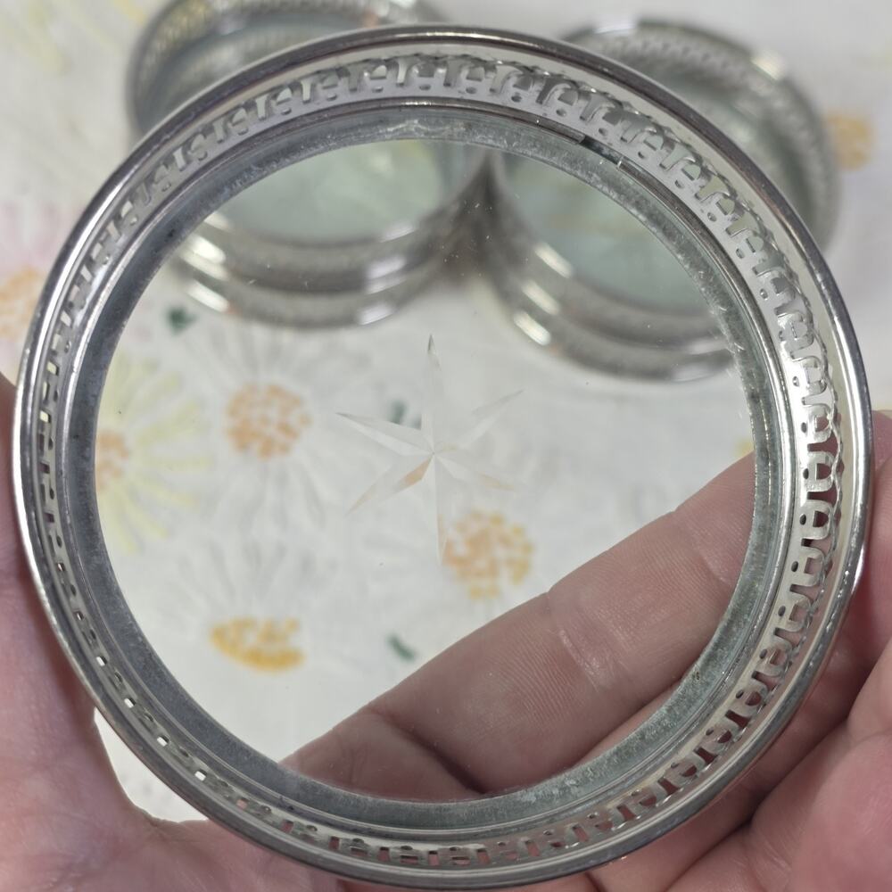 Vintage Manning Bowman MCM Glass Coasters Set of 5 Silverplate Starburst USA - Picture 8 of 10
